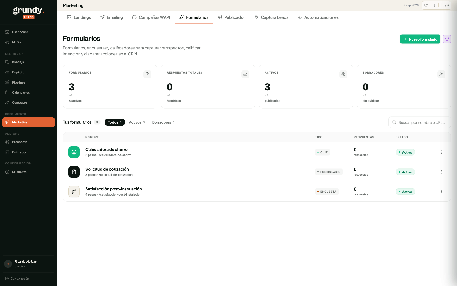 Constructor de formularios de Grundy Teams: quiz, formulario y encuesta publicados