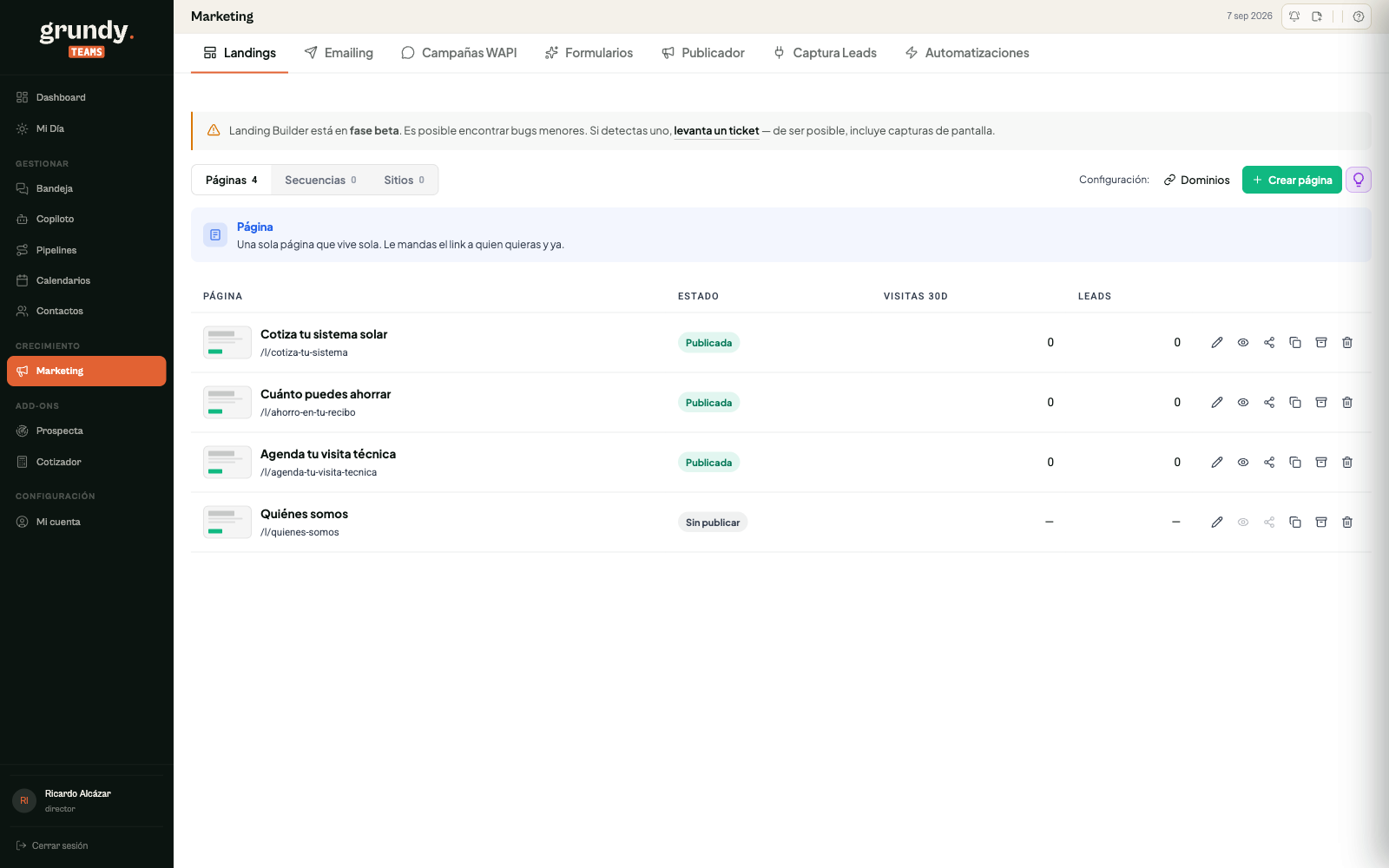 Landing Builder de Grundy Teams: páginas publicadas con sus visitas y leads