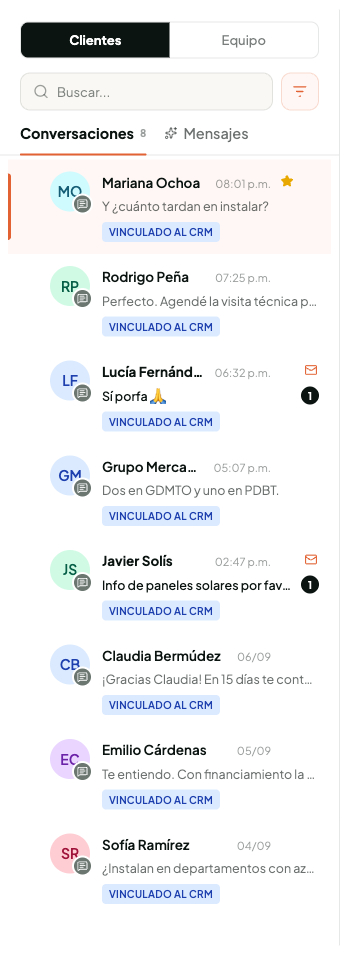 Bandeja compartida de WhatsApp en Grundy Teams: las conversaciones del equipo en una sola vista, cada contacto vinculado al CRM